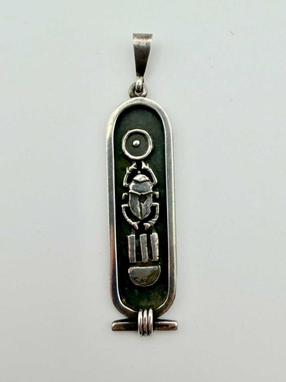 Vintage Egyptian Silver Scarab Beetle Cartouche Pendant